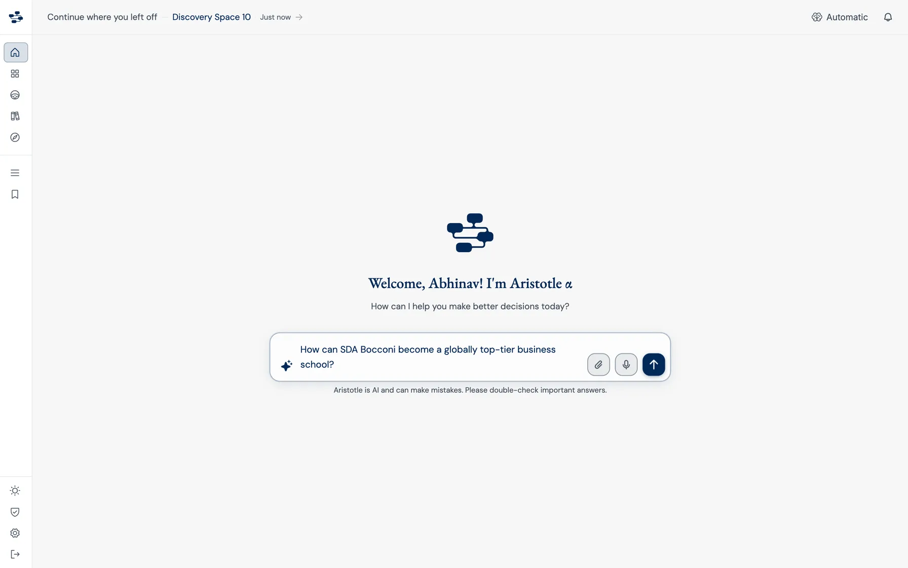 Aristotle's home screen with a decision typed into the prompt: how can SDA Bocconi become a globally top-tier business school?
