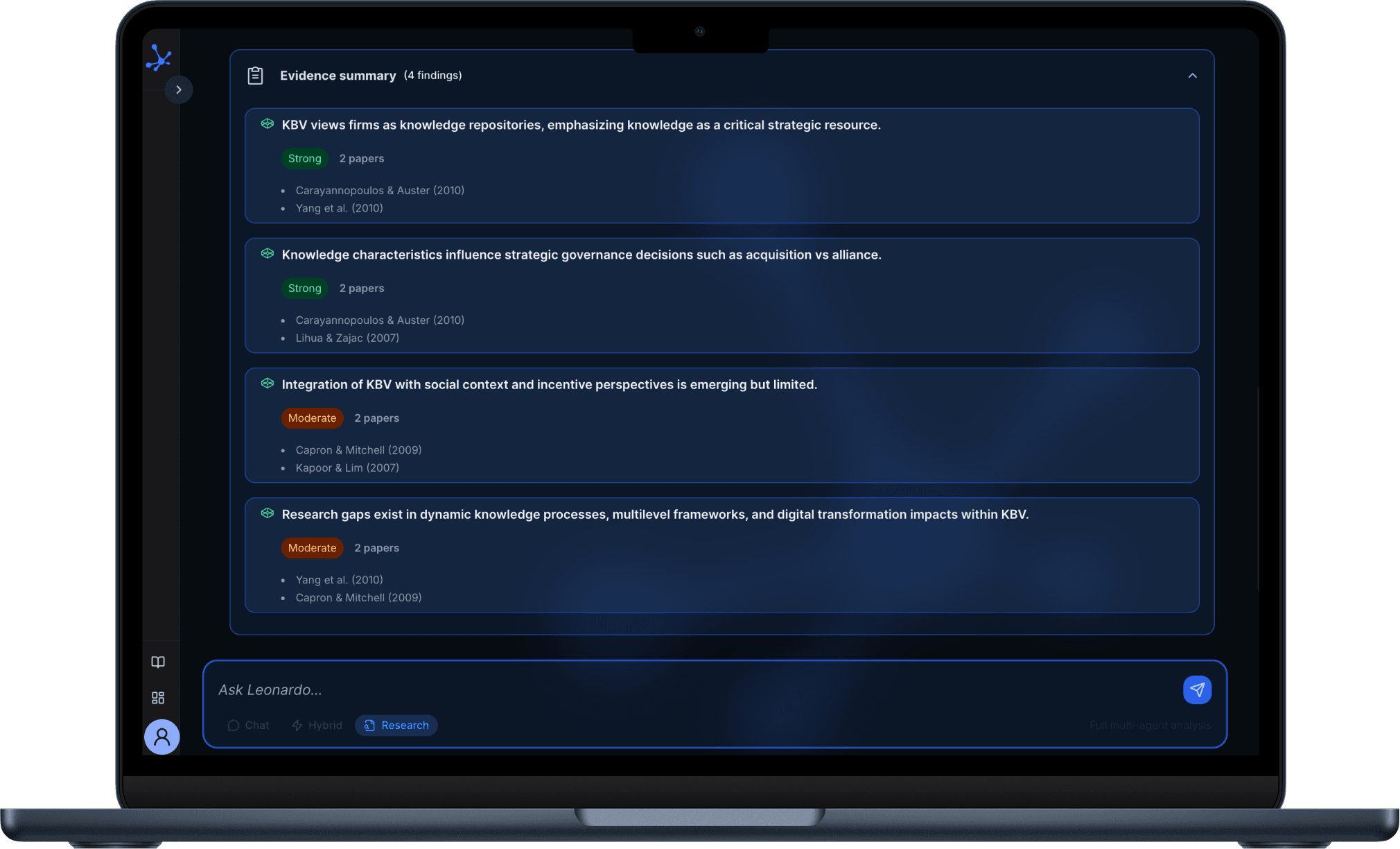 Leonardo evidence summary — causal findings with strength ratings